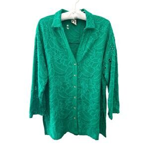 ANTHROPOLOGIE Akemi + Kin Green Lace Button Up Sheer Floral Blouse Top | Small